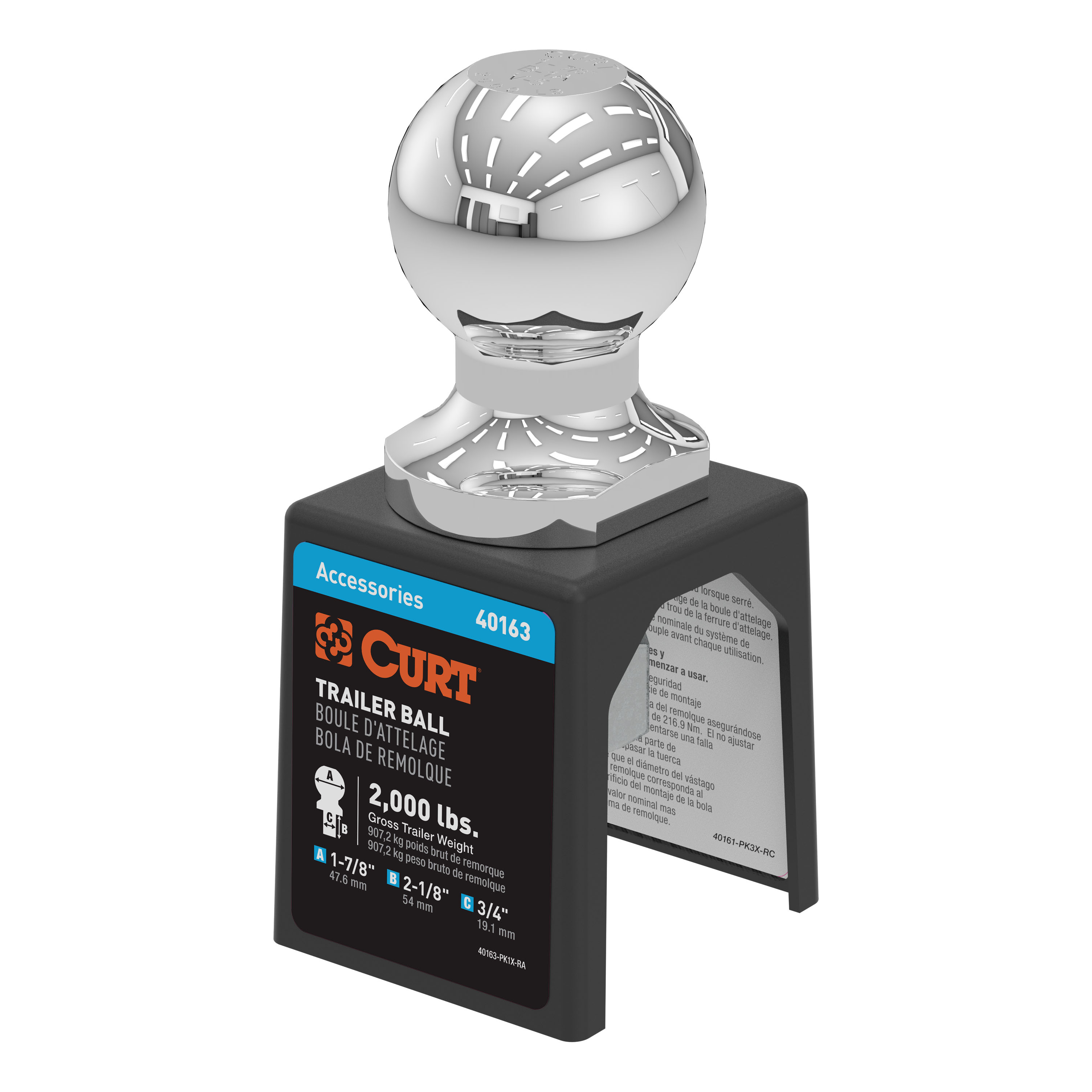 CURT 1-7/8" Trailer Ball (3/4" x 2-1/8" Shank, 2,000 lbs., Chrome, Packaged) - CURT 40163 - Image 1