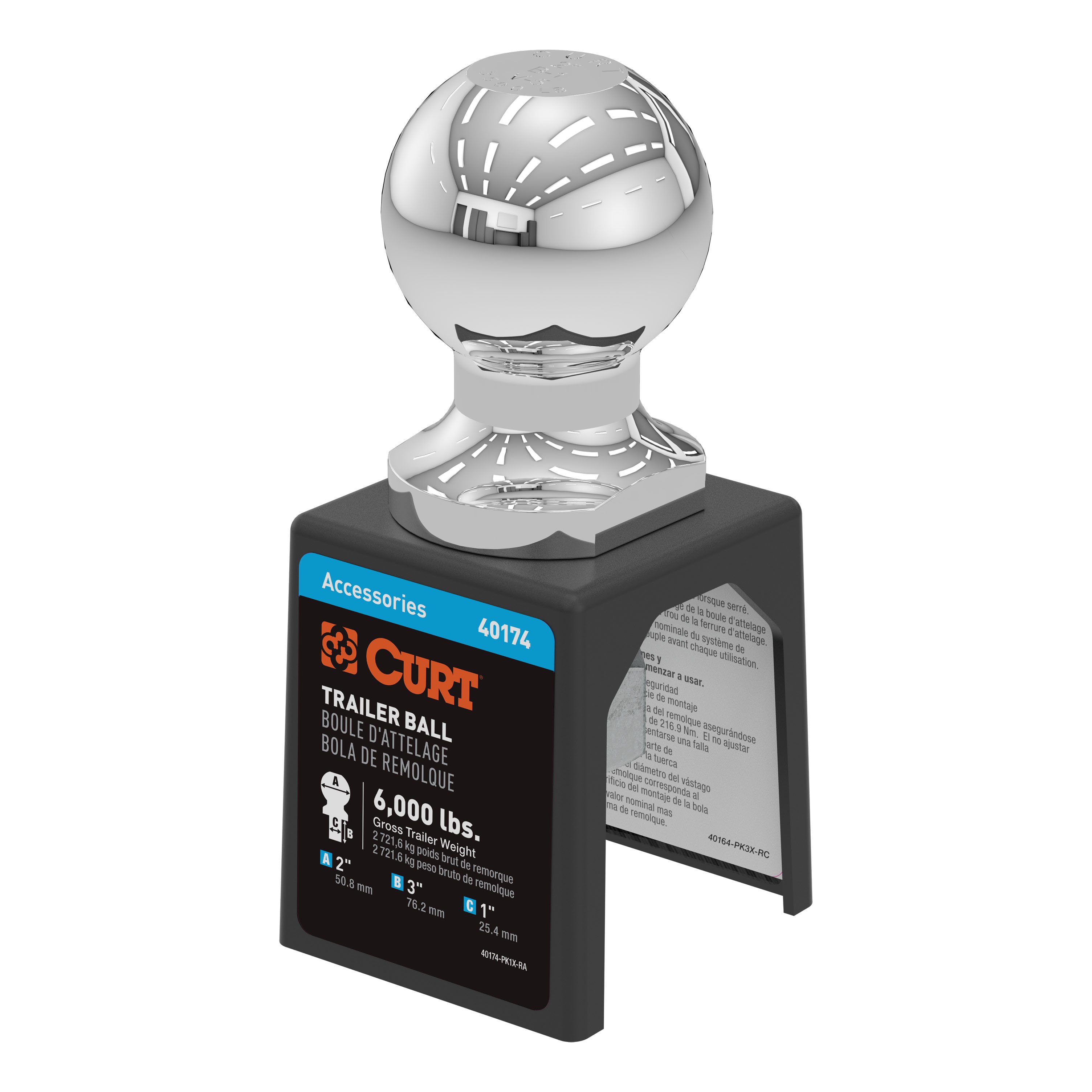 CURT 2" Trailer Ball (1" x 3" Shank, 6,000 lbs., Chrome, Packaged) - CURT 40174 - Image 1
