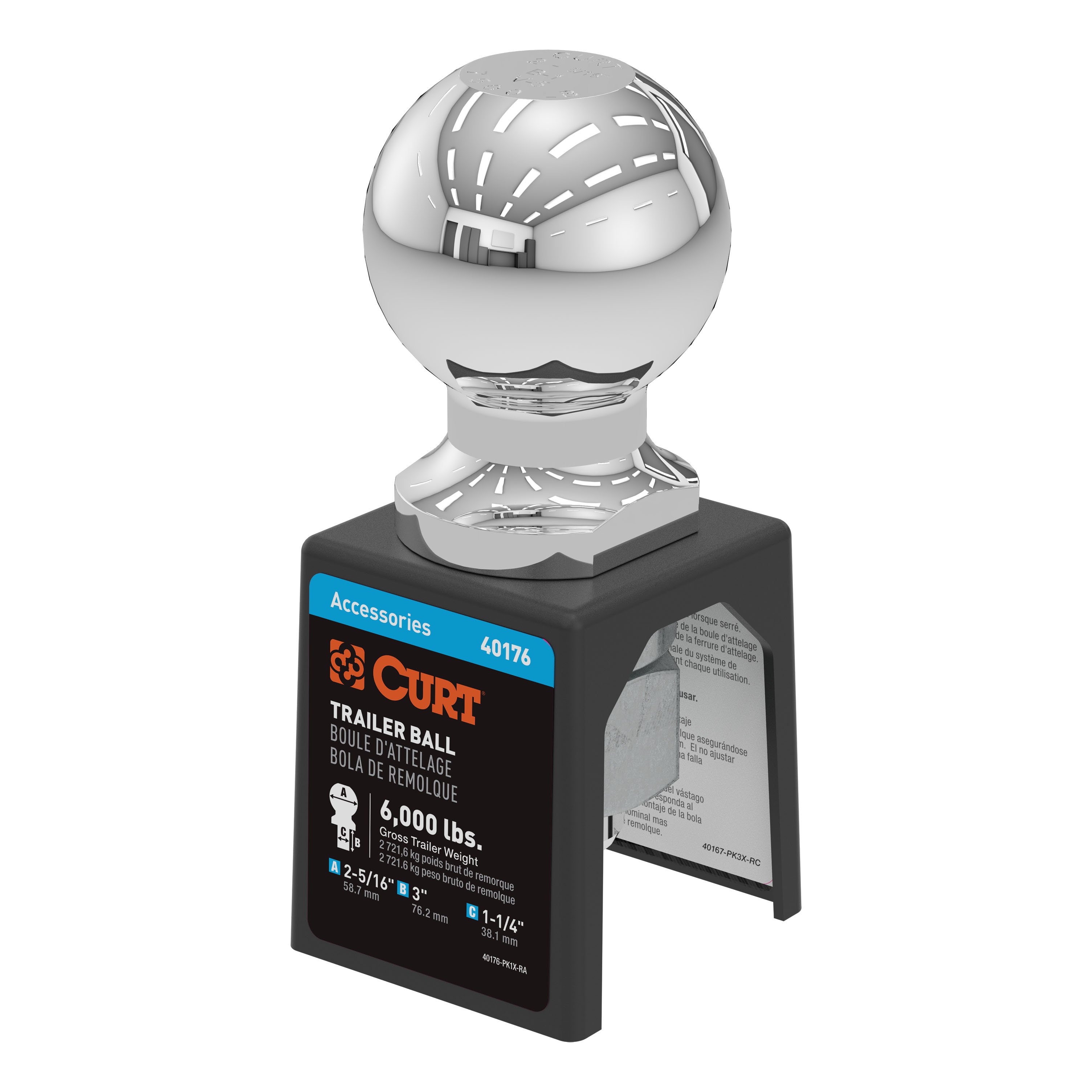CURT 2-5/16" Trailer Ball (1-1/4" x 3" Shank, 6,000 lbs., Chrome, Packaged) - CURT 40176 - Image 1