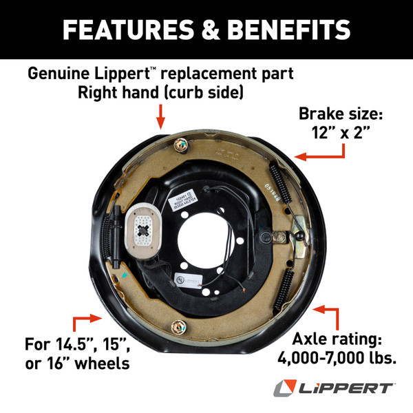 Lippert Electric Trailer Brake Assembly - 12" x 2", 5,200-7,000-lb. Axles, Right Side 298276