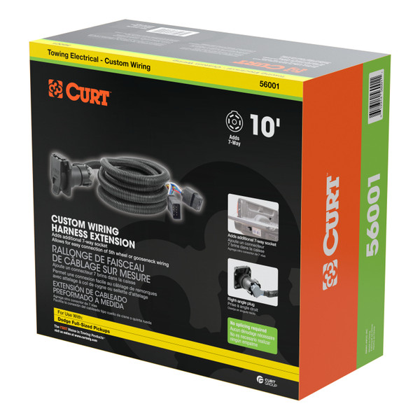 CURT 56001 10-Foot Vehicle-Side Truck Bed 7-Pin Trailer Wiring Harness Extension, Select Dodge Ram 1500, 2500, 3500, Dakota