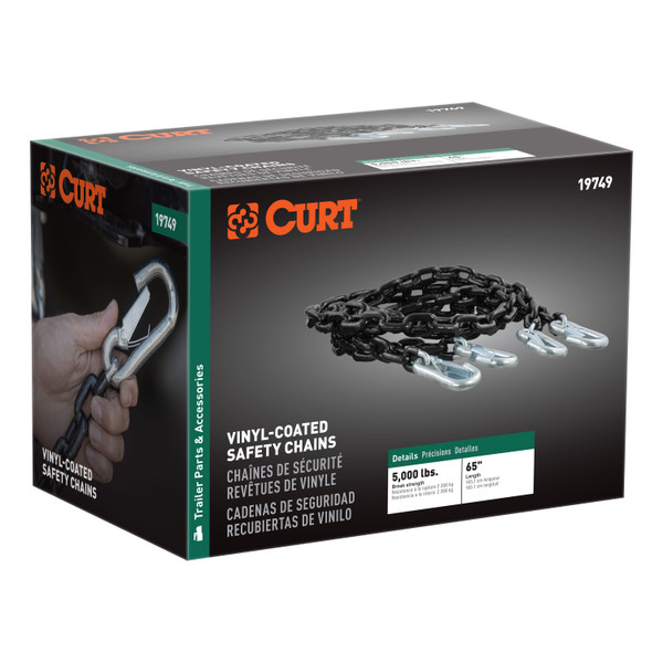 CURT 19749 60-Inch Vinyl-Coated Trailer Safety Chains with 7/16-In Snap Hooks, 5,000 lbs Break Strength, 2-Pack