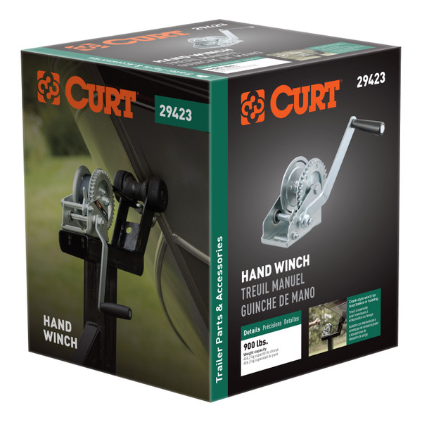 CURT 29423 Manual Hand Crank Boat Trailer Winch, 900 lbs Capacity, 6-1/2-Inch Handle, 3.25:1 Gear Ratio
