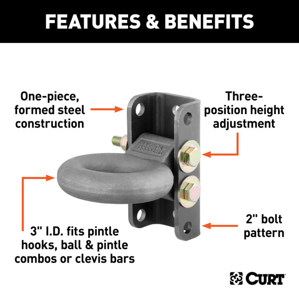CURT 48630 Raw Steel Adjustable Pintle Hitch Lunette Ring 3-In ID, 12,000 lbs, 7-1/2-Inch Channel Height