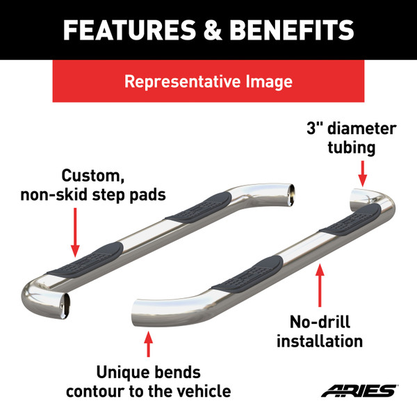 ARIES 203033-2 3-Inch Round Polished Stainless Steel Nerf Bars, No-Drill, Fits Select Mazda B-Series, Ford Ranger