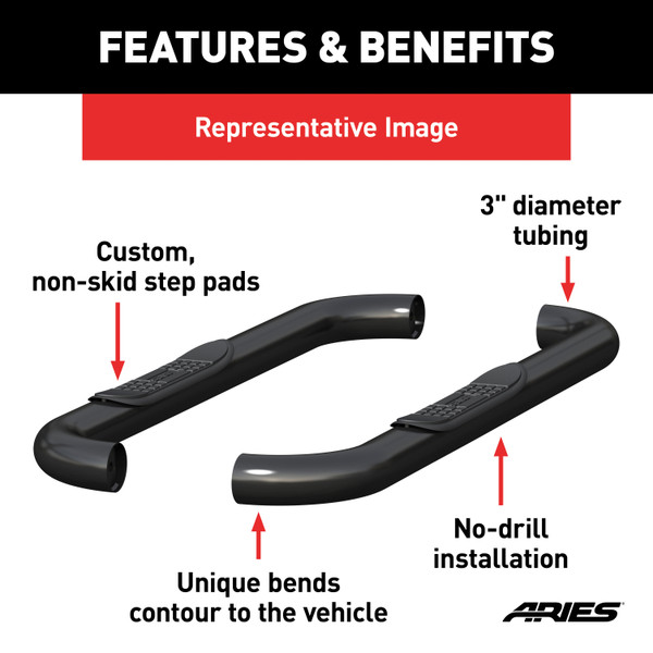 ARIES 203017 3-Inch Round Black Steel Nerf Bars, No-Drill, Fits Select Ford F-150
