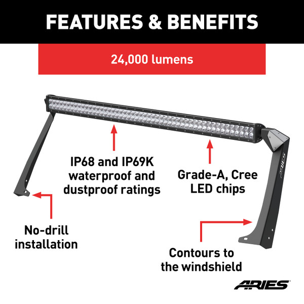 ARIES 1501303 50-Inch LED Light Bar for Jeep Wrangler TJ, Roof Mount Brackets, 24,000-Lumen Combo Beam