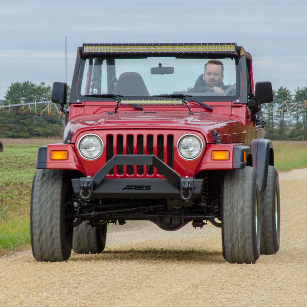 ARIES 2186001 TrailCrusher Black Steel Jeep Wrangler TJ Front Bumper with Brush Guard, 9,500 lbs Winch and Shackle Ratings