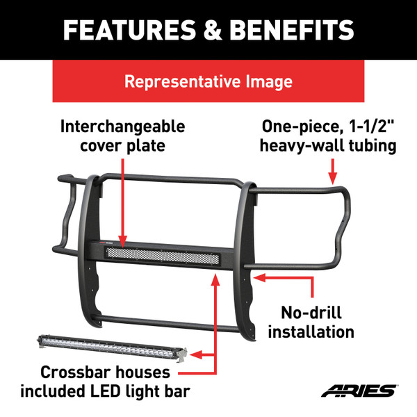 ARIES 2170006 Pro Series Black Steel Grille Guard with Light Bar, Select Toyota Tacoma