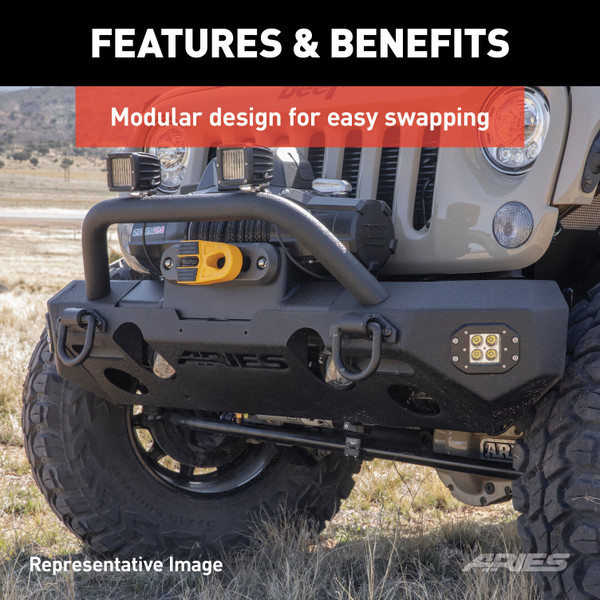 ARIES 2082094 TrailChaser Black Aluminum Front Bumper with LED Lights and Winch Mount, Select Jeep Wrangler JL, Gladiator