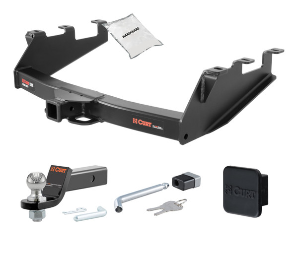 01 - 06 Chevrolet Silverado 1500 HD Excluding roll pan bumper, Tommy Gate lift or 10" drop bumper 2in. CURT Trailer Hitch + Ball Mount + Cover + Lock Kit HWA436 - CURT