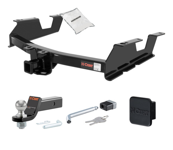 11 - 14 Chevrolet Silverado 3500 HD 8' bed, excluding factory receiver, Tommy Gate lift or cab & chassis 2in. CURT Trailer Hitch + Ball Mount + Cover + Lock Kit HWA567 - CURT