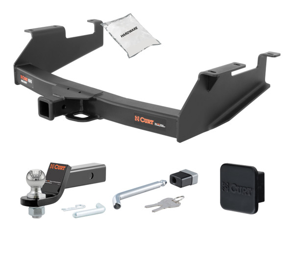 01 - 10 Chevrolet Silverado 2500 HD 8' bed, with 10" step bumper 2in. CURT Trailer Hitch + Ball Mount + Cover + Lock Kit HWA498 - CURT