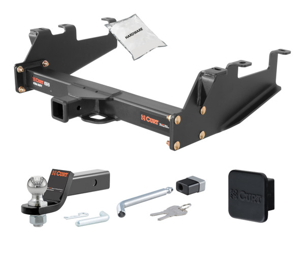 88 - 00 GMC K2500 Excluding with dual exhaust, 4-door crew cab, 10" step bumper or cab & chassis 2in. CURT Trailer Hitch + Ball Mount + Cover + Lock Kit HWA1097 - CURT