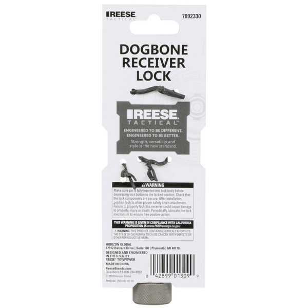 Reese Tactical  Trailer Hitch Lock, Fits 2 in. & 2-1/2 in. Receivers, 5/8 in. Pin Diameter, Dogbone Style, Pewter
