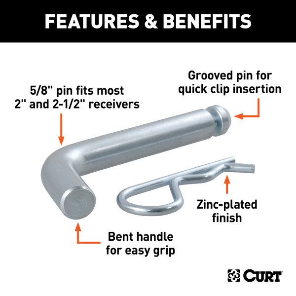 CURT 5/8" Hitch Pin with Groove (2" or 2-1/2" Receiver, Zinc, Packaged) Trailer Hitch Pin