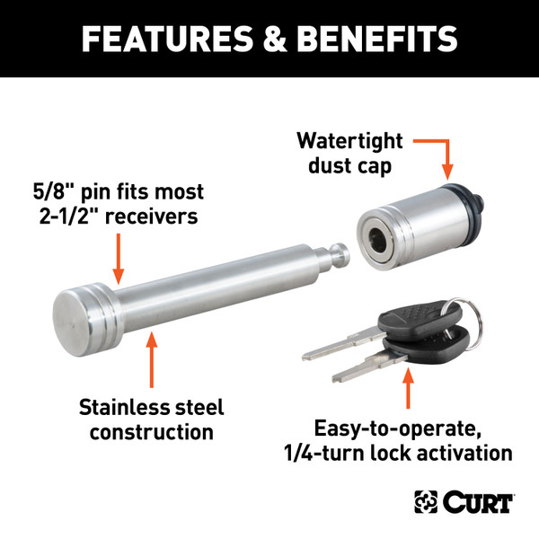 CURT 5/8" Hitch Lock (2" or 2-1/2" Receiver, Barbell, Stainless) Trailer Hitch Lock