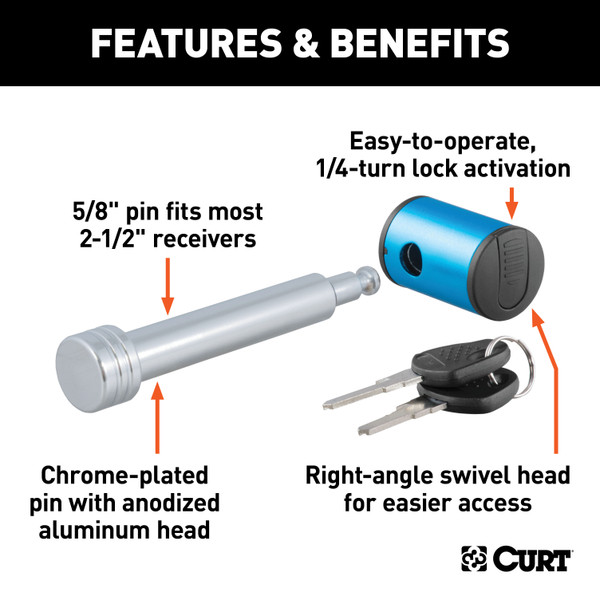 CURT 5/8" Hitch Lock (2" or 2-1/2" Receiver, Right-Angle, Chrome) Trailer Hitch Lock