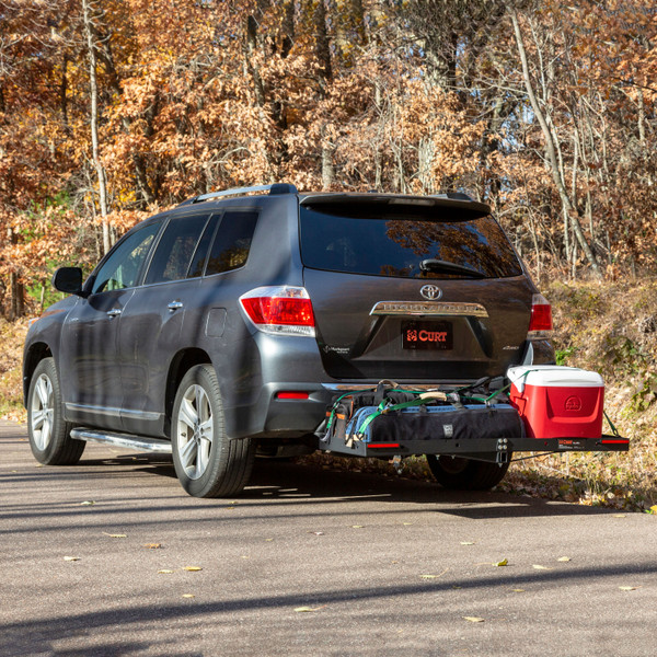 CURT 48" x 20" Black Steel Tray Cargo Carrier (1-1/4", 2" Adapter, 300 lbs.) Receiver Hitch Mounted Cargo Carrier