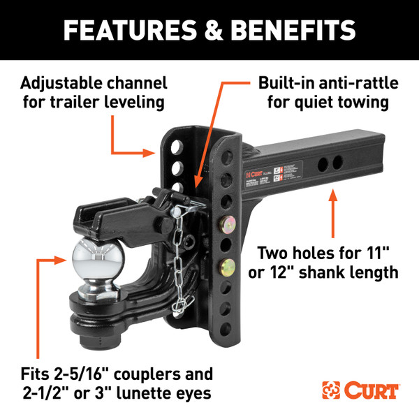 CURT Adjustable Channel Mount with 2-5/16" Ball & Pintle (2" Shank, 13,000 lbs.) Trailer Hitch Pintle Hook Mount