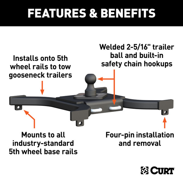 CURT Spyder 5th Wheel Rail Gooseneck Hitch with 2-5/16" Ball, 25K Gooseneck Trailer Hitch