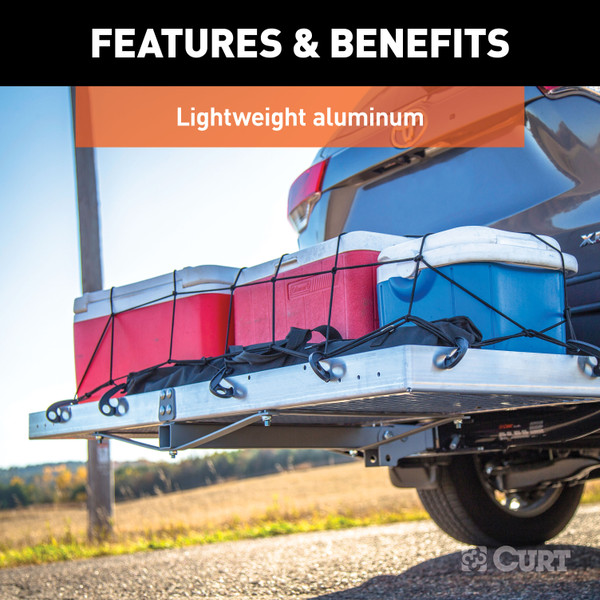 CURT 60" x 20" Aluminum Tray Cargo Carrier (Folding 2" Shank, 500 lbs.) Receiver Hitch Mounted Cargo Carrier