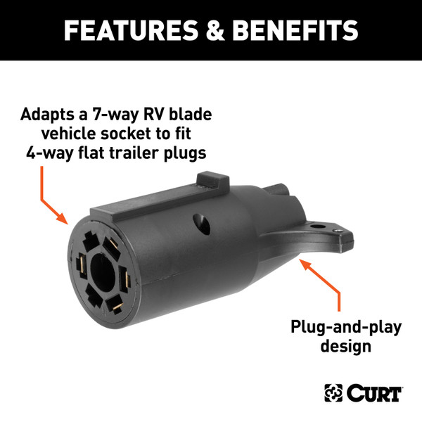 CURT Electrical Adapter (7-Way RV Blade Vehicle to 4-Way Flat Trailer) Trailer Wiring Adapter Connector