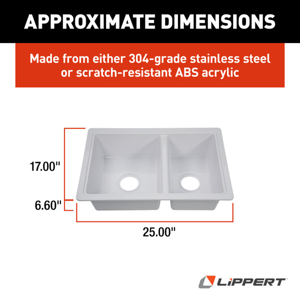 Lippert RV Double Kitchen Galley Sink - 25" x 17" x 6.6" White ABS Plastic