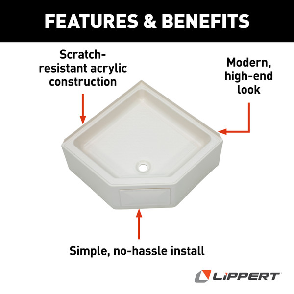 Lippert Corner RV Shower Pan with Center Drain - 27" x 27" Parchment #298087