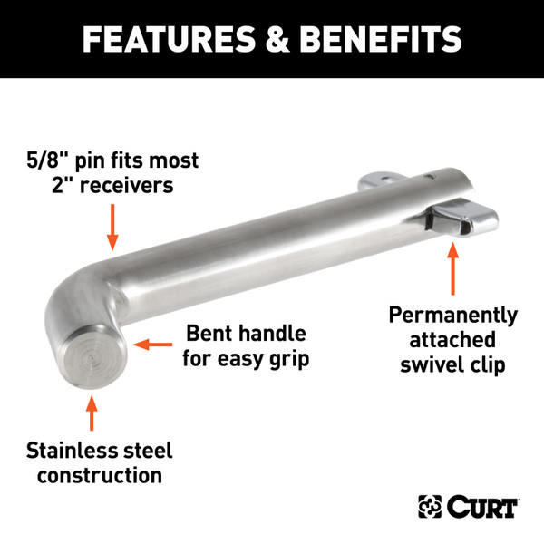 CURT 5/8" Swivel Hitch Pin (2" Receiver, Stainless, Packaged) Trailer Hitch Pin