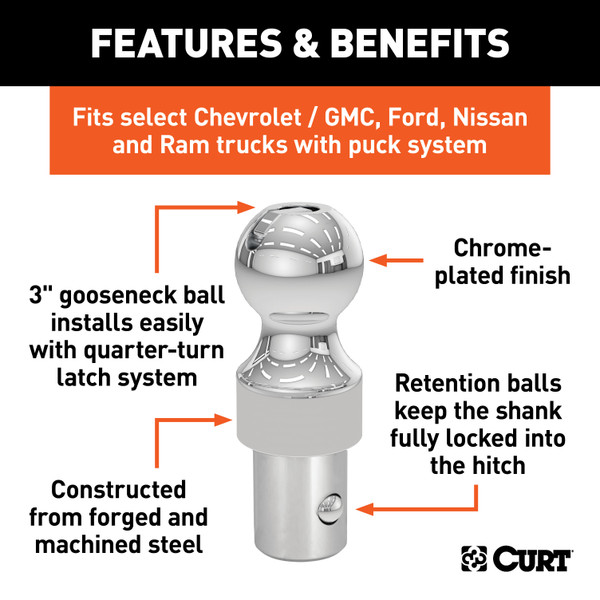 CURT OEM Puck System 3" Gooseneck Ball, Chevrolet, Ford, GMC, Nissan, Ram (30K) Gooseneck Trailer Hitch Ball