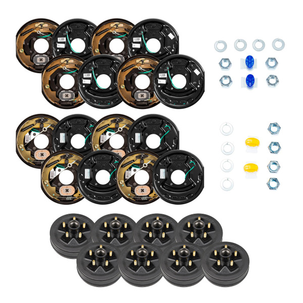 Lippert 3,500 lb 20" RV Brake Kit – 8 Brake Drum Hubs (5 on 4.5", 1/2" Stud) with 4 Left & 4 Right Forward Self-Adjusting Brake Assemblies (10" x 2.25") - Lippert