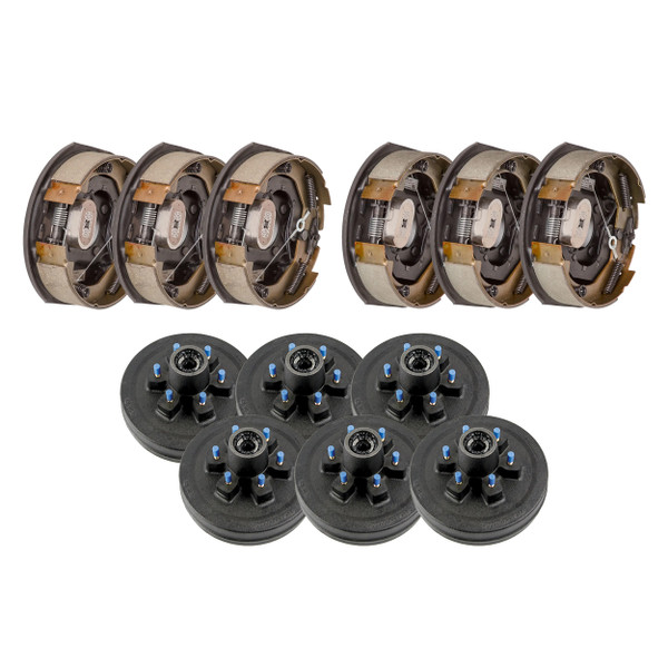Lippert 10" 4,400 lb RV Brake Kit – 6 Brake Drum Hubs (6 on 5.5", 1/2" Stud) with 3 Left & 3 Right Forward Self-Adjusting Brakes (10" x 2-1/4", 4-Bolt) - Lippert