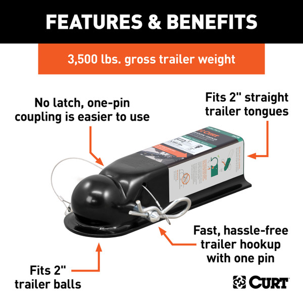 CURT 2,500 lbs QuickPin No-Latch 2" Trailer Coupler (2" Channel) Trailer Hitch Coupler