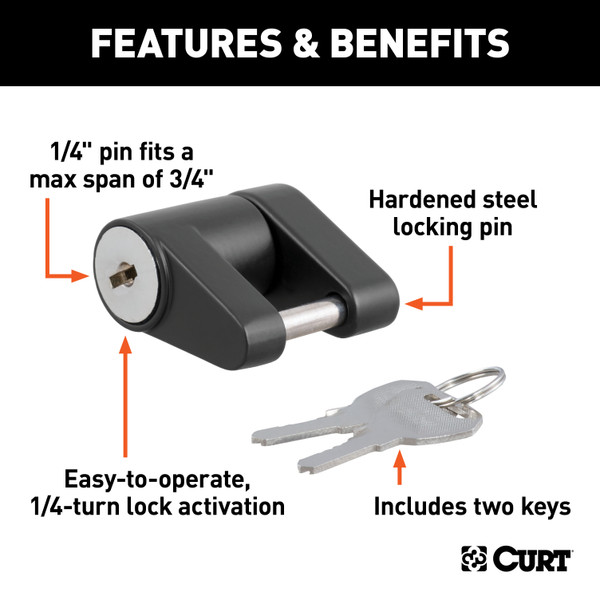CURT Coupler Lock (1/4" Pin, 3/4" Latch Span, Padlock, Black) Trailer Hitch Lock