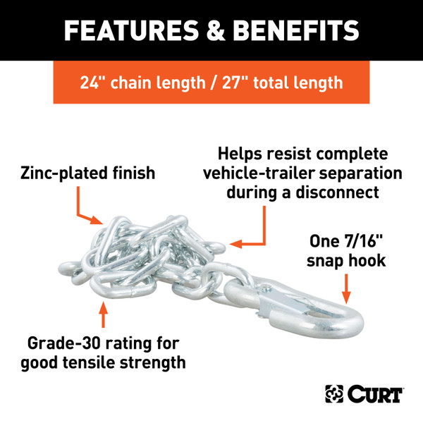 CURT 27" Safety Chain with 1 Snap Hook (5,000 lbs, Clear Zinc) Trailer Hitch