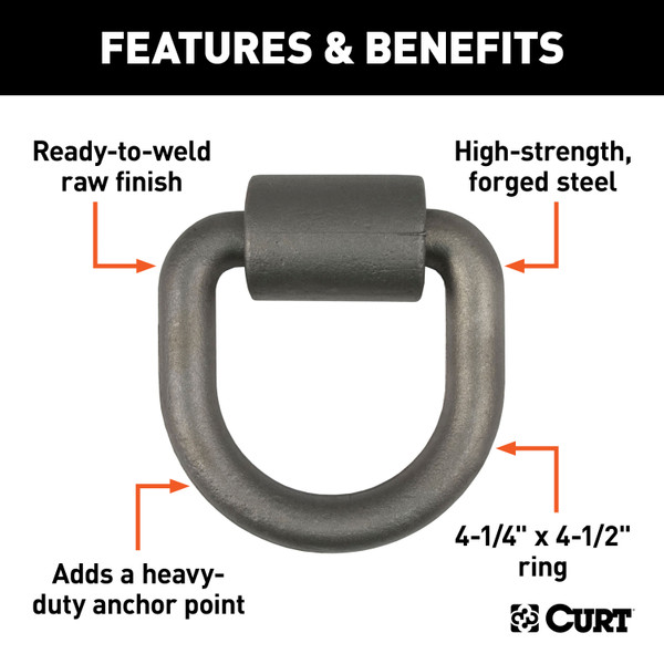 CURT 3" x 3" Weld-On Tie-Down D-Ring (8,833 lbs, Raw Steel) Tow Ring