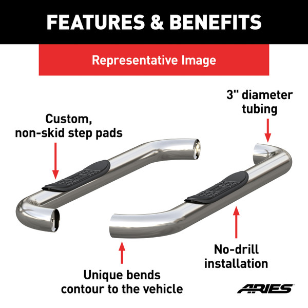 ARIES 3" Round Polished Stainless Side Bars, Select Jeep Wrangler YJ, TJ Step Nerf Bar Kit