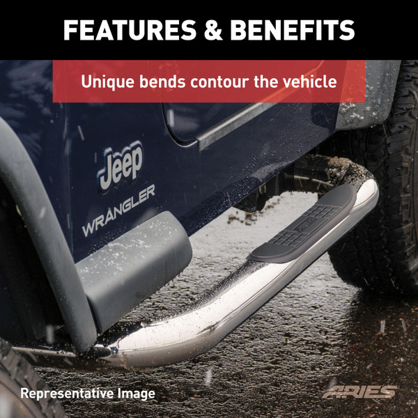 ARIES 3" Round Polished Stainless Side Bars, Select Jeep Wrangler YJ, TJ Step Nerf Bar Kit