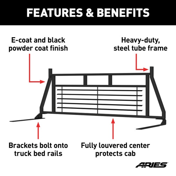 ARIES Classic Black Steel Headache Rack, Select Chevrolet, Ford, Dodge, GMC, Ram Truck Cab Protector / Headache Rack