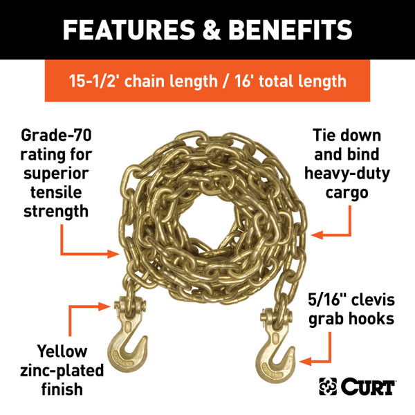CURT 16' Transport Binder Safety Chain with 2 Clevis Hooks (18,800 lbs, Yellow Zinc) Trailer Hitch