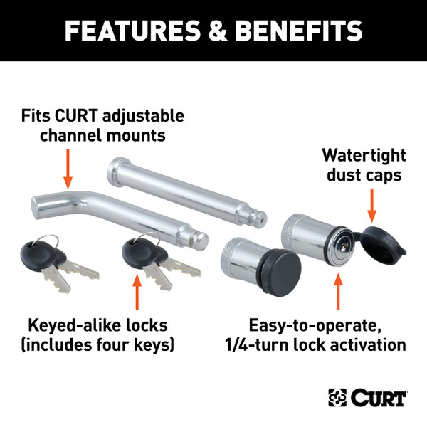 CURT 45510 Class 2 Trailer Hitch Ball Mount 3,500 lbs, 1-1/4-Inch Receiver, 3/4-Inch Hole, 3-1/8-Inch Rise with Channel Mount Lock Set (5/8" Diameter)