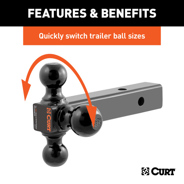 CURT 2" Solid Shank, 1-7/8", 2" & 2-5/16" Black Balls Trailer Hitch Ball Mount with Anti-Rattle Hitch Clamp for 2" Receiver