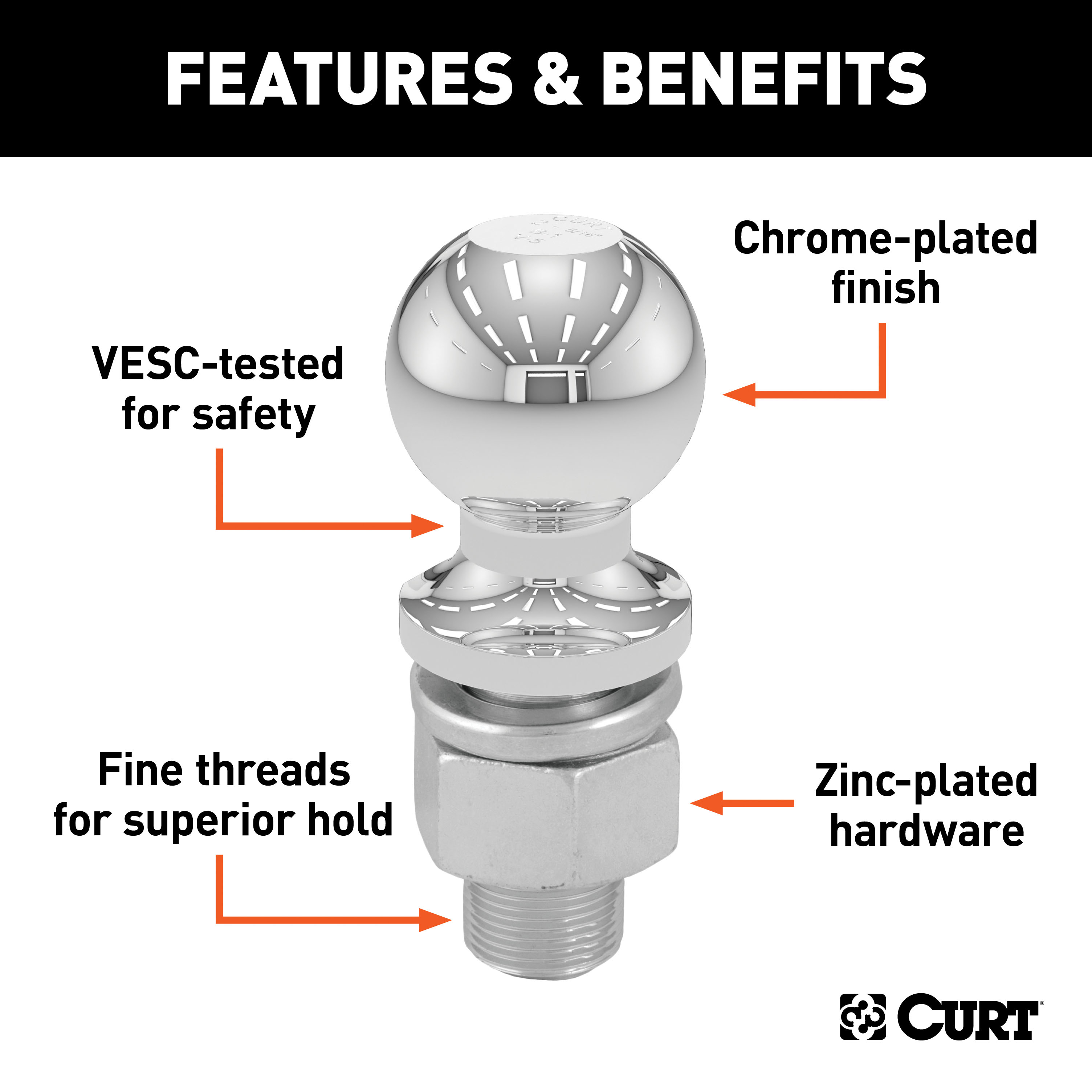 CURT 40068 Chrome Trailer Hitch Ball, 10,000 lbs, 2-5/16-Inch Diameter, 1-1/4 x 2-5/8-Inch Shank thumbnail 1