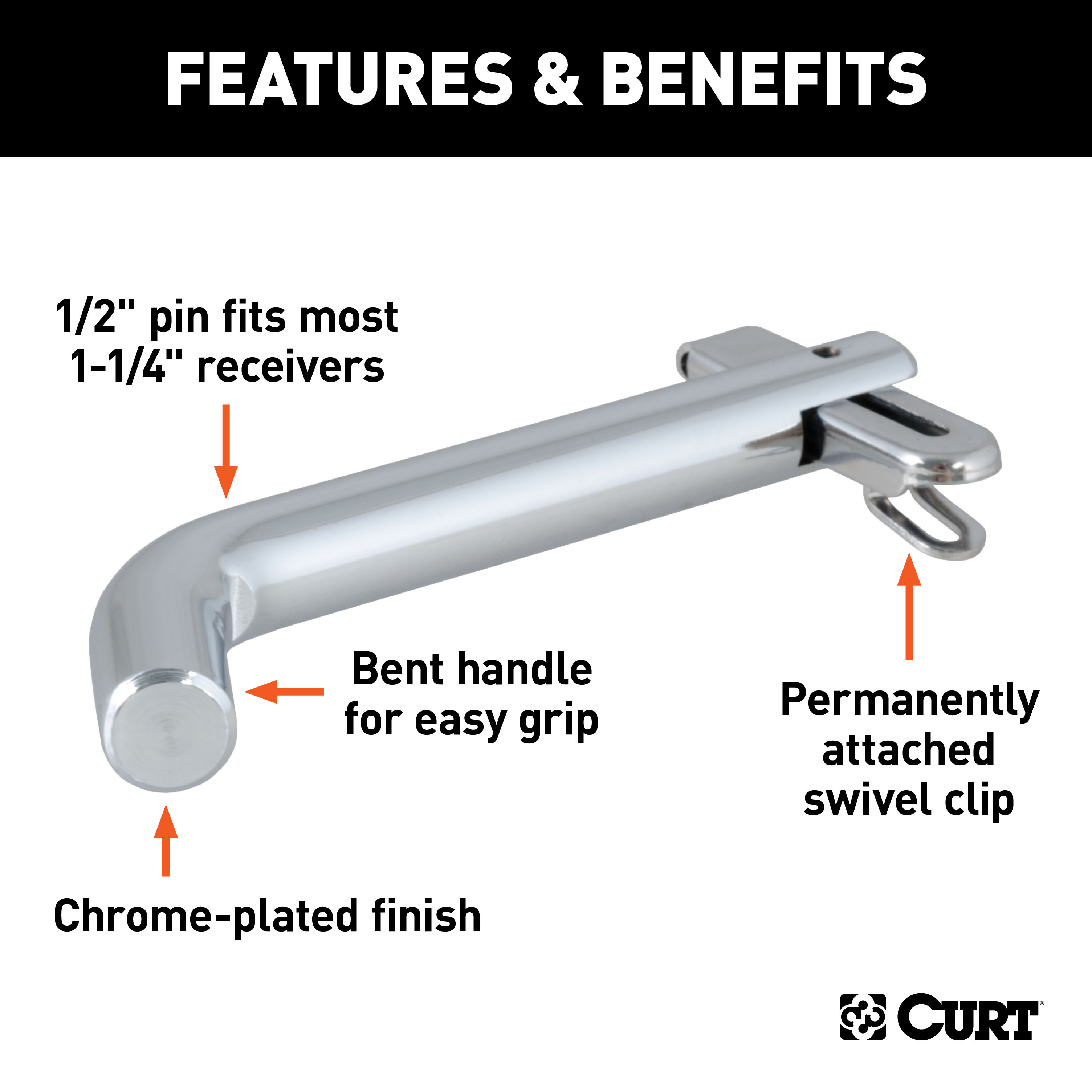 CURT 21541 Swivel Trailer Hitch Pin, 1/2-Inch Diameter, Fits 1-1/4-Inch Receiver thumbnail 1