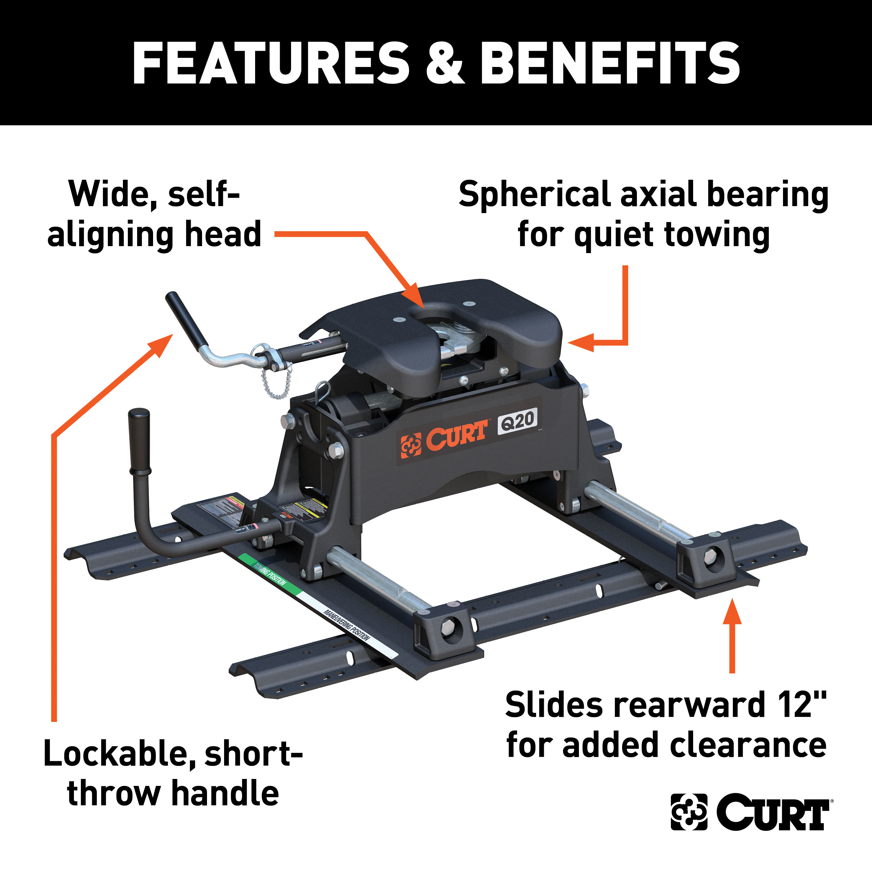 CURT 20K, Q20 5th Wheel Slider Hitch with Base Rails for Short Bed Trucks, 20,000 lbs 16636 thumbnail 2