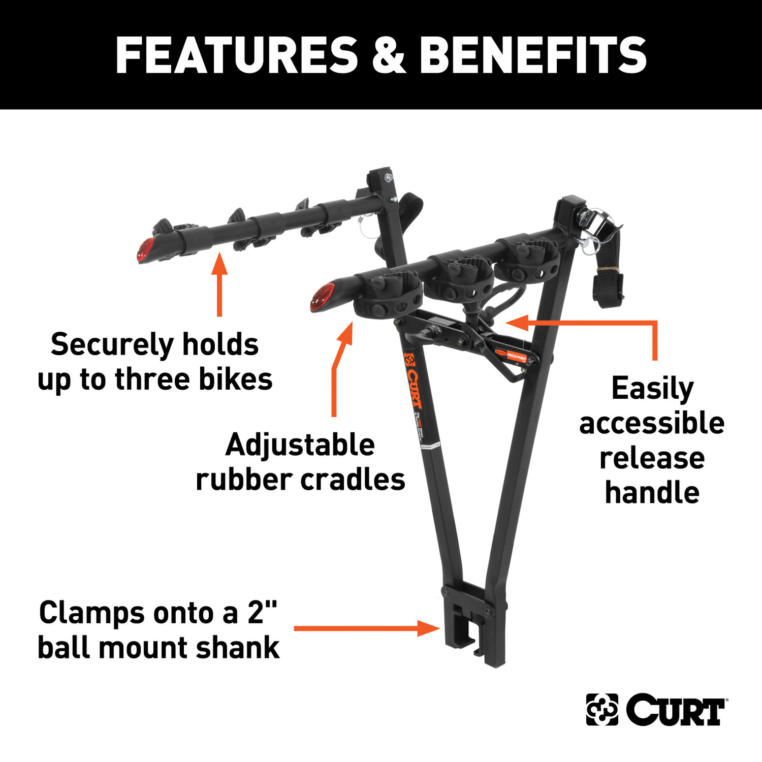CURT 18013 Clamp-On Trailer Hitch Bike Rack Mount, Fits 2-Inch