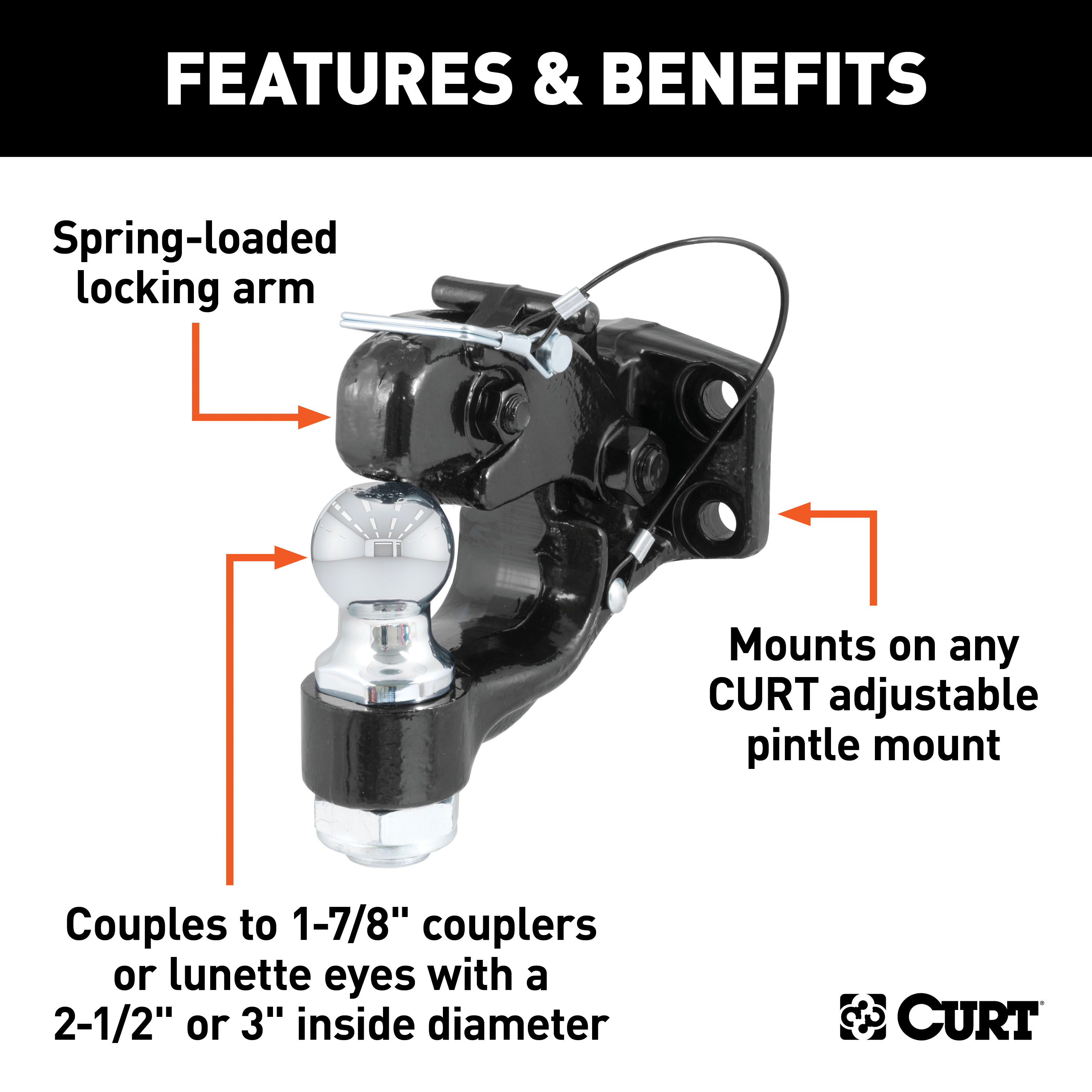 CURT 48180 Pintle Hitch with 1-7/8-Inch Trailer Ball, 16,000 lbs, Mount Required thumbnail 1