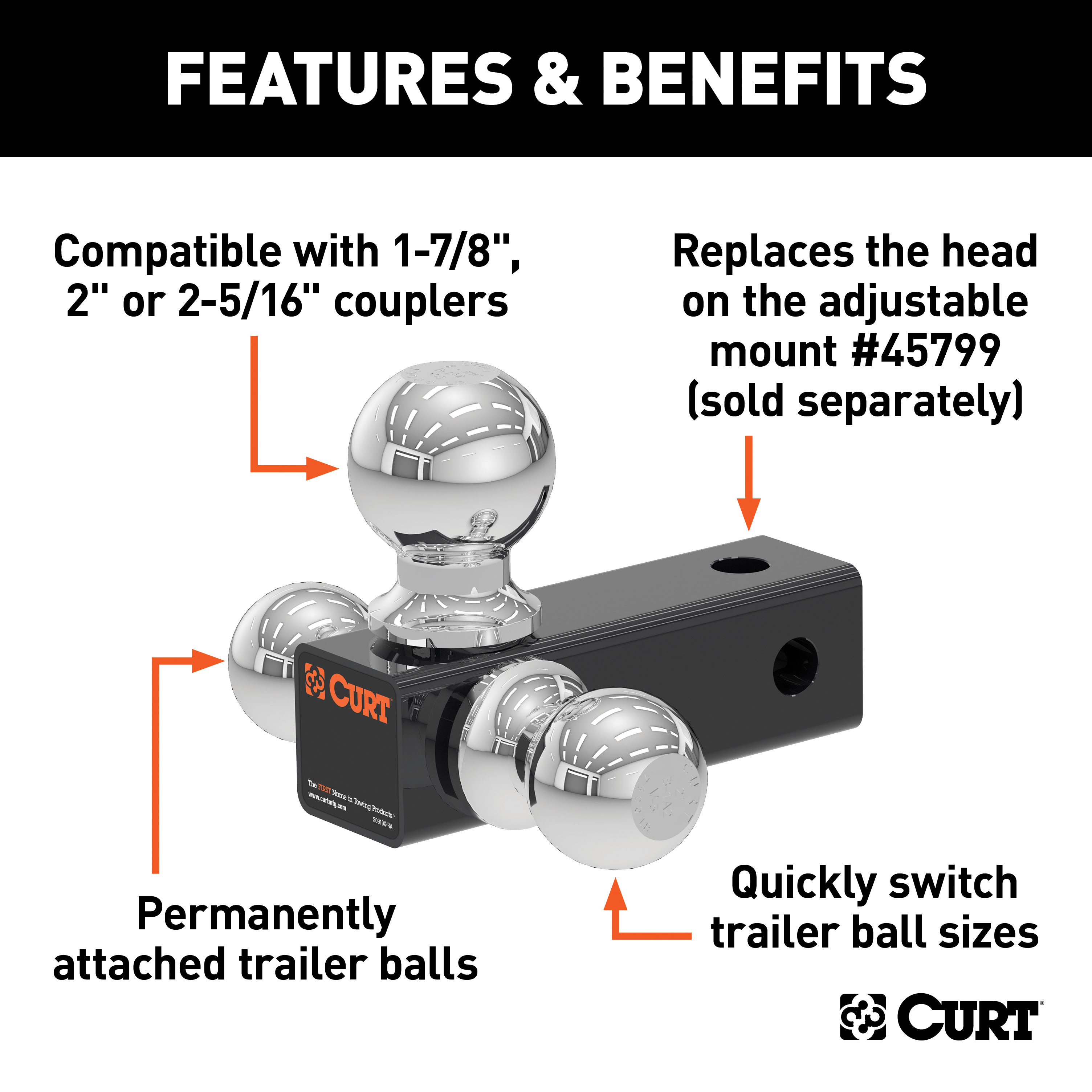 CURT 45800 Replacement Adjustable Trailer Hitch Ball Mount Head with 3 Balls for CURT #45799 thumbnail 1