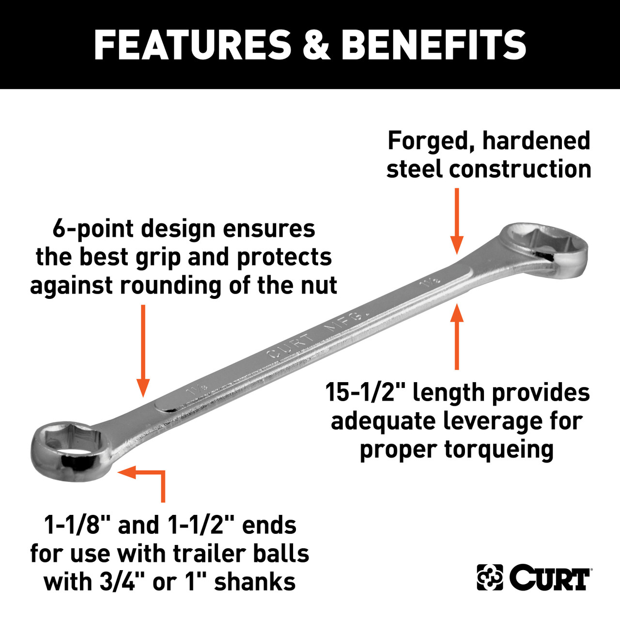 CURT 20001 Box End Wrench, 1-1/8, 1-1/2-Inch Openings, Torque Trailer Hitch Balls with 3/4 or 1-Inch Diameter Shank thumbnail 1